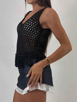 Top in maglia traforata frange AME3061