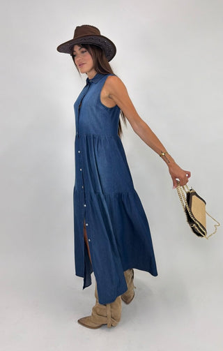 Abito - Abito chambray chemisier balze NRE26933 - blu medio denim - VEVI