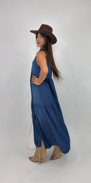 Abito - Abito chambray chemisier balze NRE26933 - blu medio denim - VEVI