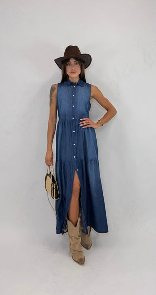 Abito - Abito chambray chemisier balze NRE26933 - blu medio denim - VEVI