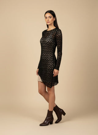 Abito - Abito corto pizzo fondo diagonale - Panna - VEVI