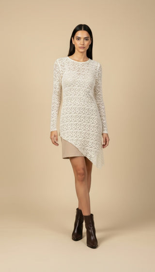 Abito - Abito corto pizzo fondo diagonale - Panna - VEVI