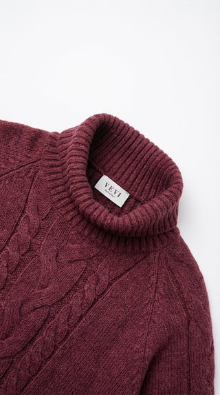 Abito - Abito dolcevita in maglia treccia - Bordeaux - VEVI