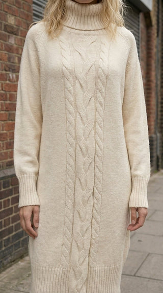 Abito - Abito dolcevita in maglia treccia - Burro - VEVI