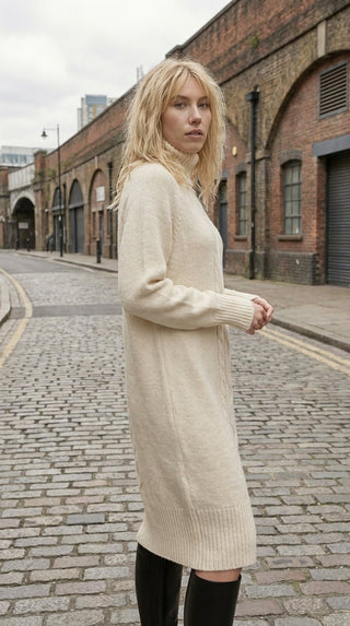 Abito - Abito dolcevita in maglia treccia - Burro - VEVI