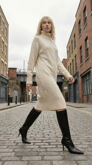 Abito - Abito dolcevita in maglia treccia - Burro - VEVI