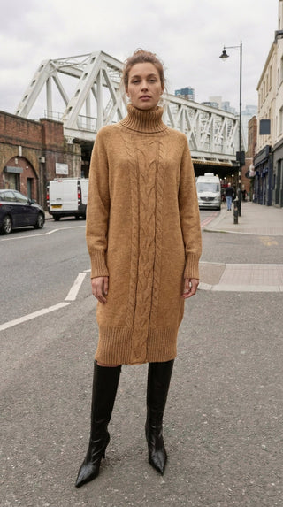 Abito - Abito dolcevita in maglia treccia - Cammello - VEVI