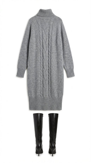 Abito - Abito dolcevita in maglia treccia - Grigio melange - VEVI