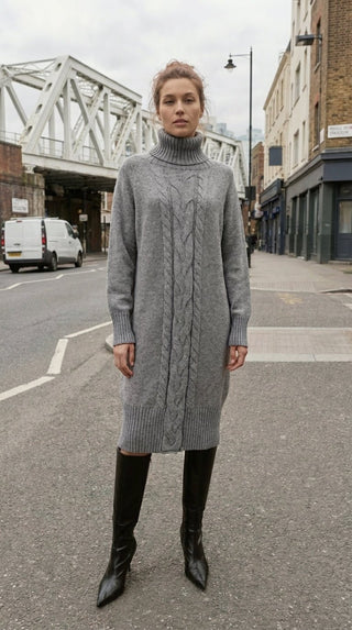 Abito - Abito dolcevita in maglia treccia - Grigio melange - VEVI