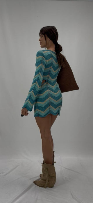 Abito - Abito in maglia zig zag aperto nei fianchi AME8029 - Turchese - VEVI