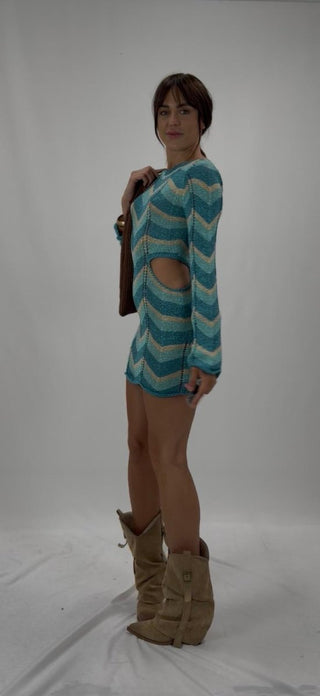 Abito - Abito in maglia zig zag aperto nei fianchi AME8029 - Turchese - VEVI