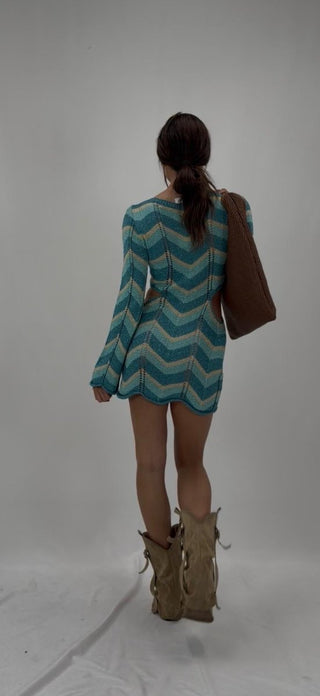 Abito - Abito in maglia zig zag aperto nei fianchi AME8029 - Turchese - VEVI