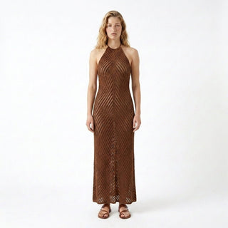 Abito - Abito lungo in maglia laccio collo AME8025 - Marrone - VEVI