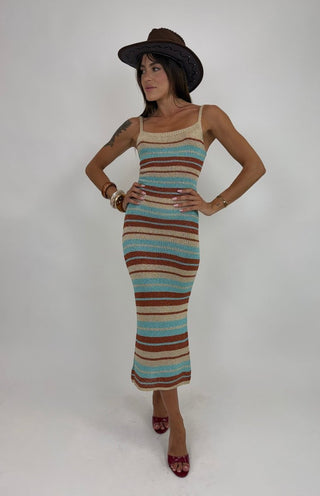 Abito - Abito lungo in maglia riga AME8133 - Turchese - VEVI