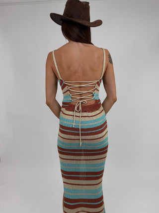 Abito - Abito lungo in maglia riga AME8133 - Turchese - VEVI