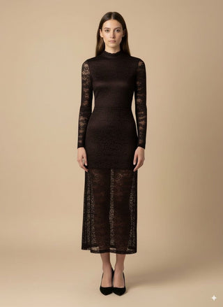 Abito - Abito lungo pizzo scollo schiena - Marrone - vevi.it