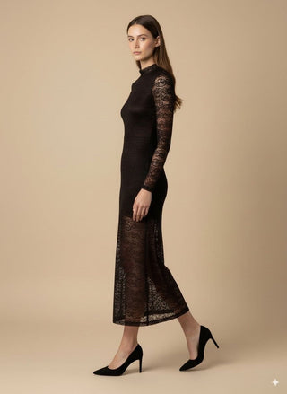 Abito - Abito lungo pizzo scollo schiena - Marrone - vevi.it