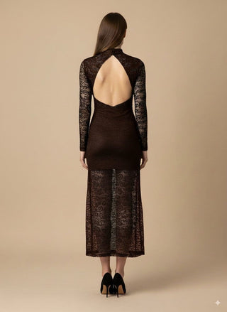 Abito - Abito lungo pizzo scollo schiena - Marrone - vevi.it