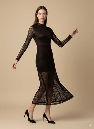 Abito - Abito lungo pizzo scollo schiena - Marrone - vevi.it