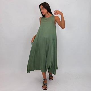 Abito - Abito lungo raso elastico al collo GFE9438 - Verde militare - VEVI
