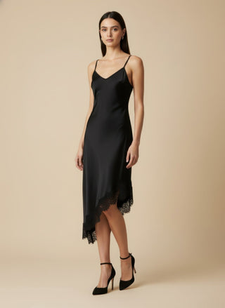 Abito - Abito spalline fondo pizzo diagonale - Nero - VEVI