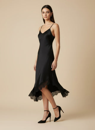 Abito - Abito spalline fondo pizzo diagonale - Nero - VEVI