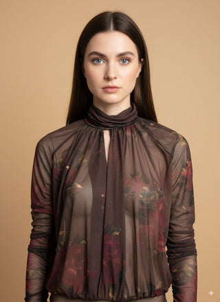 Body - Body tulle maniche arricciate - Marrone - vevi.it