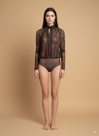 Body - Body tulle maniche arricciate - Marrone - vevi.it