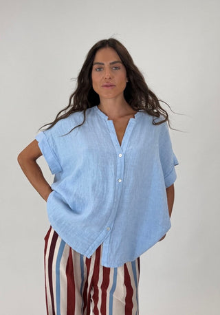 Camicia - Camicia m/m coreana v puro lono GFE5605 - Celeste - VEVI
