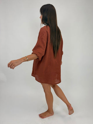 Camicia - Camicia oversize puro lino GFE5358 - Mattone - VEVI