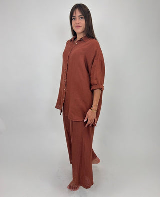 Camicia - Camicia oversize puro lino GFE5358 - Mattone - VEVI