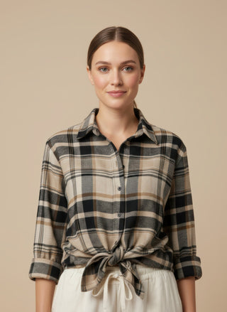 Camicia - Camicia oversize quadri - Crema/marrone - vevi.it