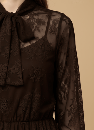 Camicia - Camicia pizzo fiocco al collo - Marrone - vevi.it