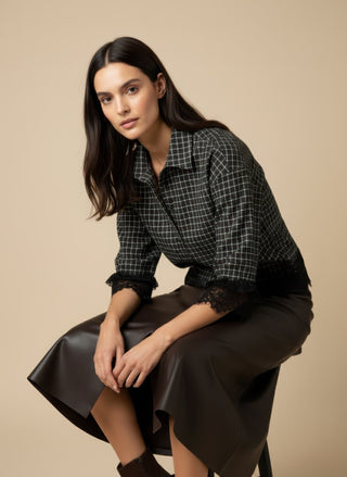 Camicia - Camicia quadri bordi pizzo - Marrone - VEVI