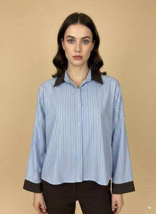 Camicia - Camicia riga collo contasto in tinta unita - Cielo - vevi.it