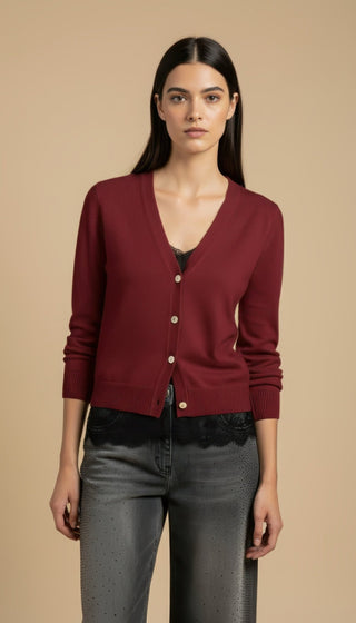 Cardigan - Cardigan girocollo cashmere bordo pizzo - Bordeaux - VEVI