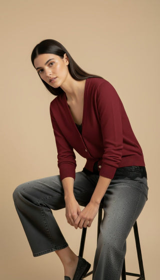 Cardigan - Cardigan girocollo cashmere bordo pizzo - Bordeaux - VEVI