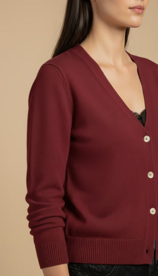 Cardigan - Cardigan girocollo cashmere bordo pizzo - Bordeaux - VEVI