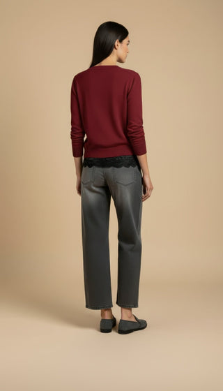 Cardigan - Cardigan girocollo cashmere bordo pizzo - Bordeaux - VEVI