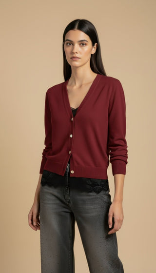 Cardigan - Cardigan girocollo cashmere bordo pizzo - Bordeaux - VEVI