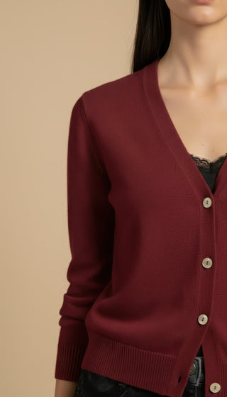 Cardigan - Cardigan girocollo cashmere bordo pizzo - Bordeaux - VEVI