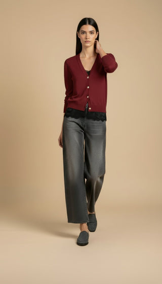 Cardigan - Cardigan girocollo cashmere bordo pizzo - Bordeaux - VEVI