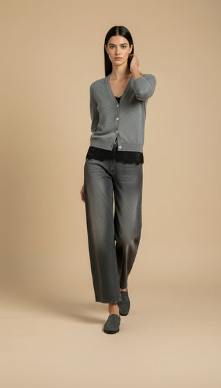Cardigan - Cardigan girocollo cashmere bordo pizzo - Grigio melange - VEVI