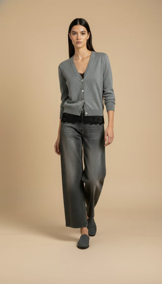 Cardigan - Cardigan girocollo cashmere bordo pizzo - Grigio melange - VEVI