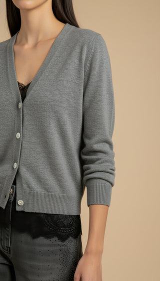 Cardigan - Cardigan girocollo cashmere bordo pizzo - Grigio melange - VEVI