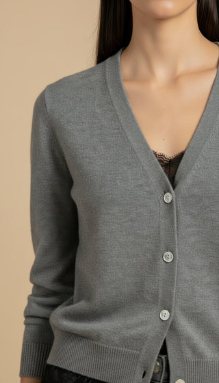 Cardigan - Cardigan girocollo cashmere bordo pizzo - Grigio melange - VEVI