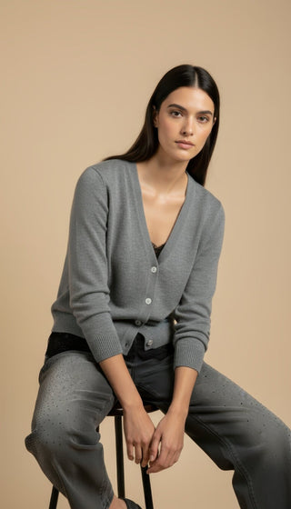 Cardigan - Cardigan girocollo cashmere bordo pizzo - Grigio melange - VEVI