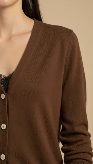 Cardigan - Cardigan girocollo cashmere bordo pizzo - Marrone - VEVI