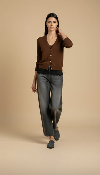 Cardigan - Cardigan girocollo cashmere bordo pizzo - Marrone - VEVI