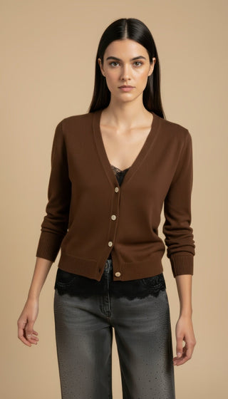 Cardigan - Cardigan girocollo cashmere bordo pizzo - Marrone - VEVI